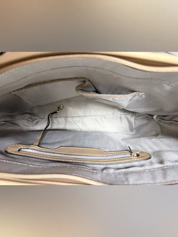 Beige Patterned Tote Bag with Matching Wallet and Strap Tan - Image 4