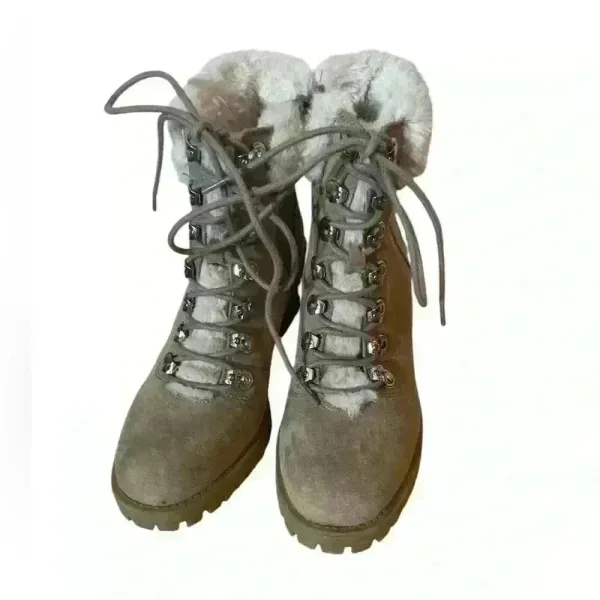 Madden Girl Lace Up Tan Chunky Boots Fur Trim Size 7 Side Zip Hiking 90s Neutral - Image 2