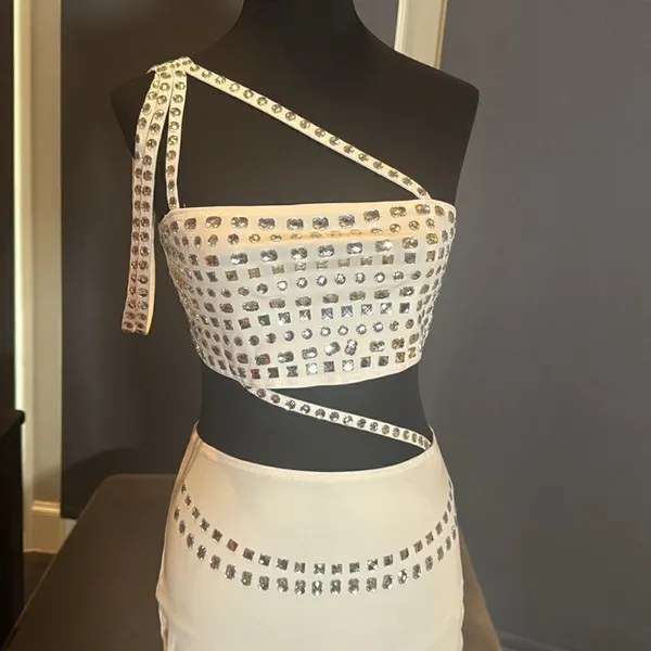 Women’s White Sparkly BodyCon 2 Piece Party Club Outfit Size M NEW *READ - Image 2