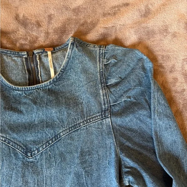 Free People Dress Womens 0 Blue Mini Denim Self Control Jean Puff Sleeve A Line - Image 2