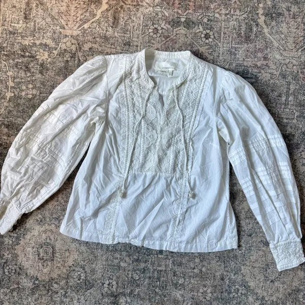 Anthropologie Delilah White Lace Embroidered Puff Sleeve Peasant Blouse Top US 0 - Image 4