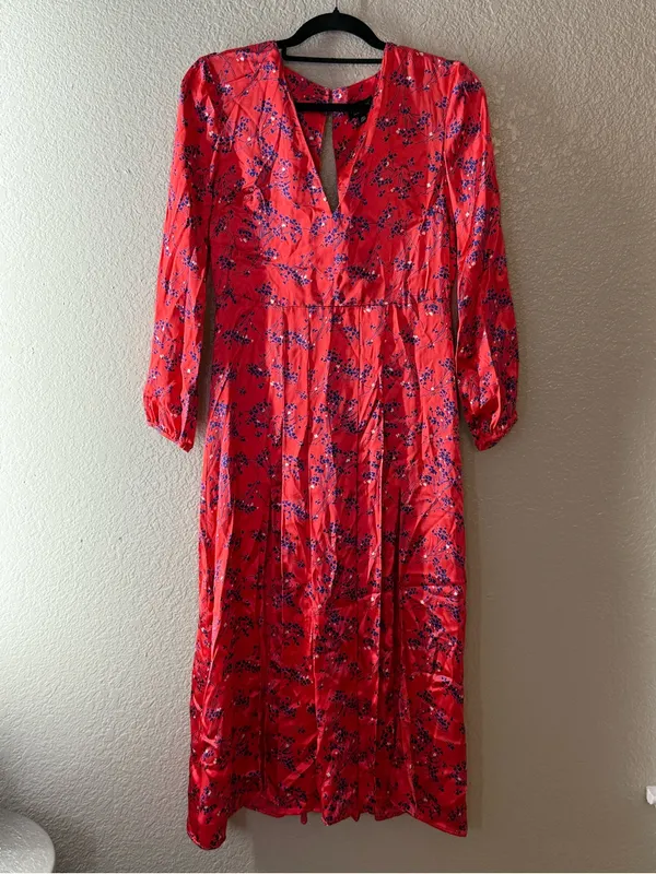 Topshop Red Floral Satin Midi Dress Open Back Long Sleeve V Neck Size 6 - Image 5