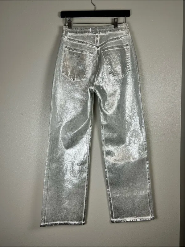 Abercrombie & Fitch Women's Metallic Silver Straight-Leg High-Rise Jeans Size 26 - Image 3