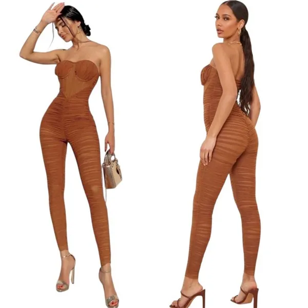 PrettyLittle Thing Chocolate Corset Detail Mesh Ruched Bandeau Jumpsuit NWT - Image 2