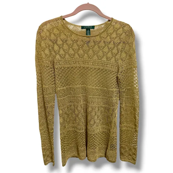 Lauren Ralph Lauren‎ Gold Metallic Pointelle Knit Crochet Sweater Top Womens M - Image 2