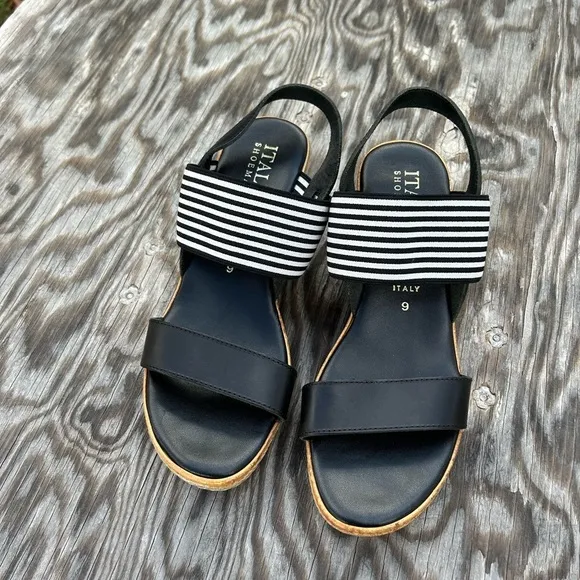 𝅺ITALIAN‎ Shoemakers Shoes Wedge black white spring summer Strappy stripe - Image 7