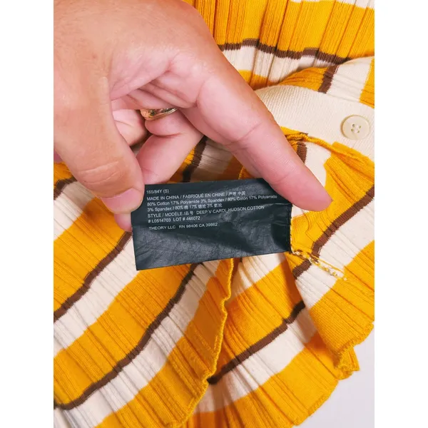 Theory Women Hudson Striped Polo Cardigan Size S Mustard Yellow 70s Preppy Retro - Image 9