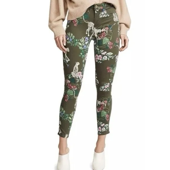 L'AGENCE Margot High Rise Skinny Jeans Guepard Floral Moss Green Cheetah Size 26 - Image 3