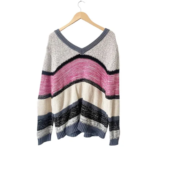 Caslon Ivory Pink Odetta V-Back Striped Knit Cotton Blend Sweater‎ Size 2X NWT - Image 3