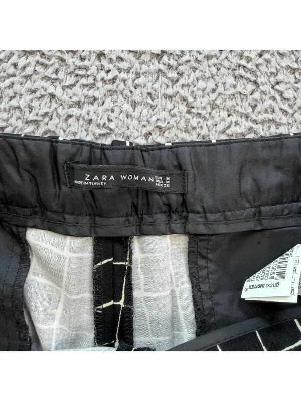 Zara Woman Black White Grid Print Slim Ankle Trousers Size M Side Zip - Image 6