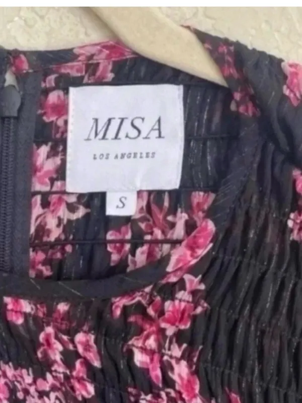 Misa Los Angeles Black Floral Long Sleeve Smocked Mini Dress with Pink Blossoms - Image 6