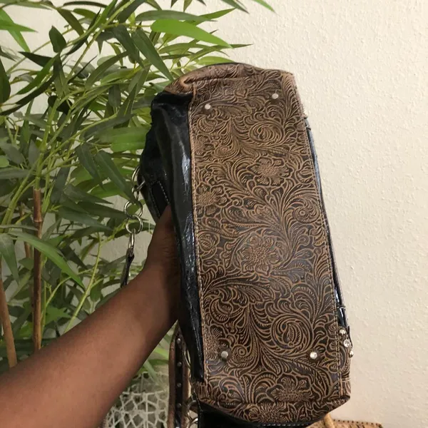 Y2K Whimsygoth grunge Black brown Leather western shoulder hand bag purse studded rhinestone bedazzled cross silver tone chains #boho #country #indie - Image 3
