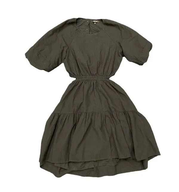 Madewell Seersucker Puff-Sleeve Cutout Mini Dress in Black size Medium - Image 10
