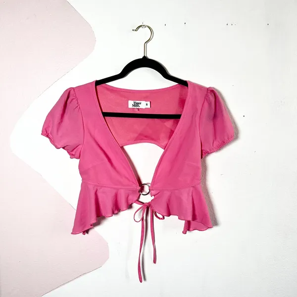Tiger Mist Crop Top Women's Small‎ Pink O Ring Ruffles Peplum Coquette - Image 2