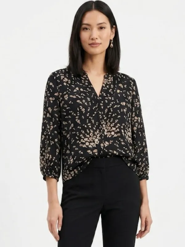 White House Black Market Black Floral V-Neck Blouse Size XS - Image 2