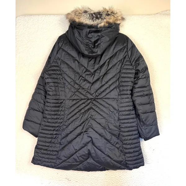 Lands‎ End Coat Womens 18 Black Puffer Hooded Fur Trim Insulated Mid Length - Image 2