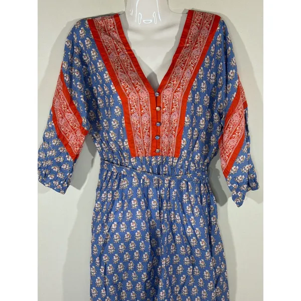 J. Crew Beachwear Blue Red Floral Block‎ Print Midi Dress Tie Waist Women's XS - Image 3