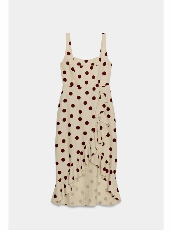Zara Cream Dress with Brown Polka Dots and Ruffle High-Low Hem - Image 8
