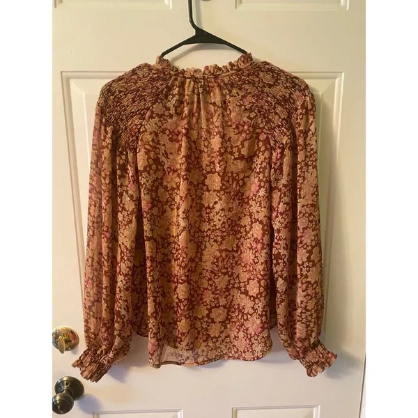Joie Red Floral blouse small long sleeve Ruffled Stand Up Collar - Image 2
