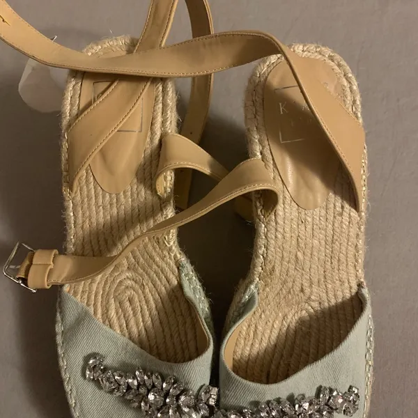 Kaari blue wedge denim and rhinestone sandals NWT Size 9M - Image 3