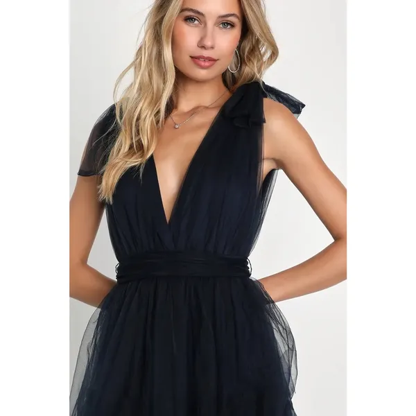 NWT Lulus Flawless Arrival Navy Blue Tulle Tie-Strap Tiered Maxi Dress Size L - Image 3