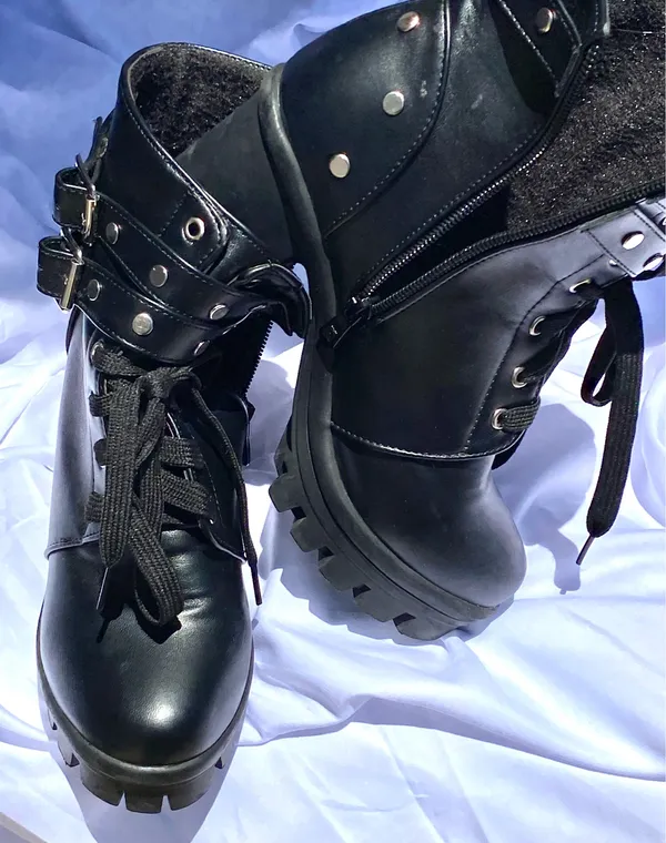 Black Laced up Platform Buckled Boot - Image 3