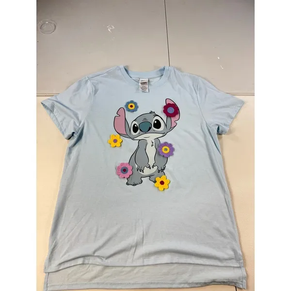 Disney Stitch Flower T-Shirt Womens Blue Graphic Crew Neck Short Sleeve‎ - Image 2