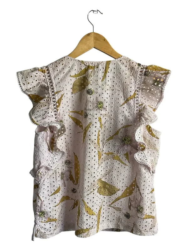Ted Baker Floral Eyelet Ruffle V-Neck Top - Pink‎ & Olive - Image 2