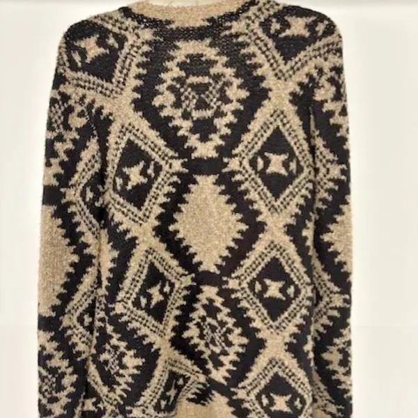 Cato Womens Beige Black Gold Metallic Open Front Cardigan Geometric Tassel Drape - Image 6