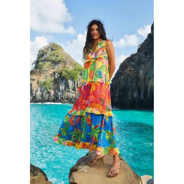 Farm Rio Dress Size Large Tiered Maxi Beaded Mixed Print Floral Anthropologie - Image 2
