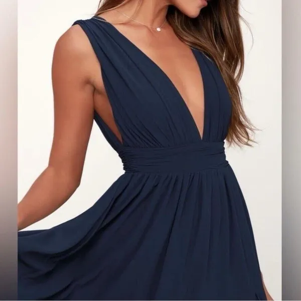 Lulus Dress Heavenly Hues Elegant Navy Blue Sleeveless Maxi Slit Size Small - Image 2