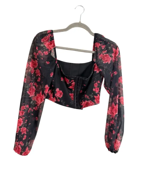 Women's Lulus Black Red Floral Mesh Long Sleeve Crop Top S - Image 6