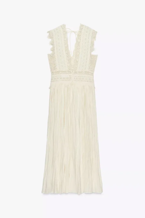 Zara Elegant Lace Trim Dress beads cream boho hippie summer beach - Image 9