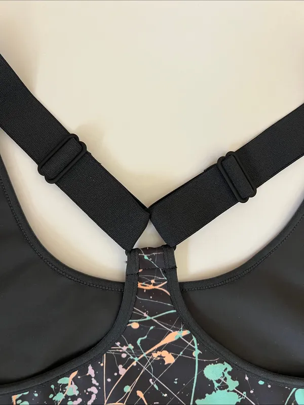 Printed Black Sports Bra with Pastel Splatter Detail - Image 5