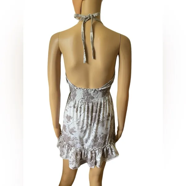 Papaya Y2K Gray Skater Grunge Hippie Grommet Floral Ruffle Mini Halter Top Dress - Image 5