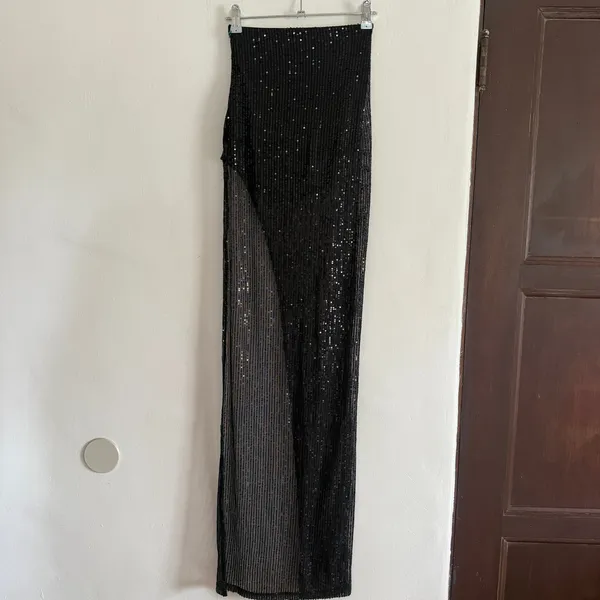 LUCY IN THE SKY | Doja Sheer Black Sequin Maxi Skirt with Leg Slit | Extra Small - Image 6