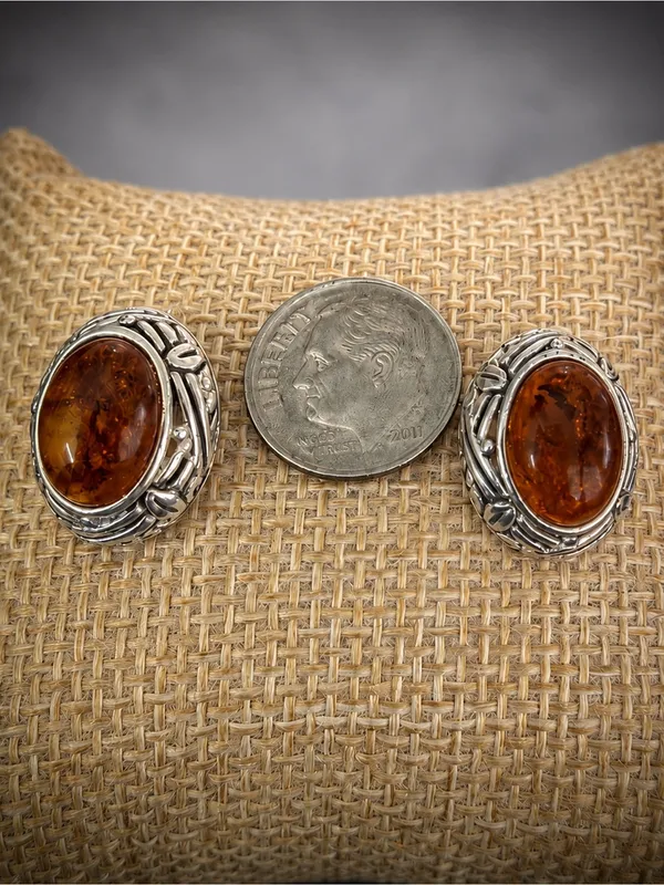 Estate Amber Sterling Silver Earrings Baltic Cognac Color Signed - Image 3