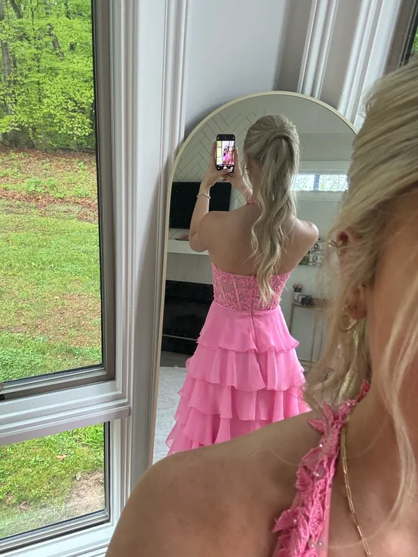 Sherri Hill Prom Dress Pink Blush Floral Halter - Image 2