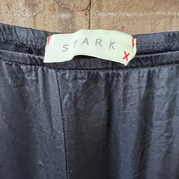 Stark X Anthropologie Black Satin Pants Pull On Size Large Wide Leg Slit Hem - Image 2
