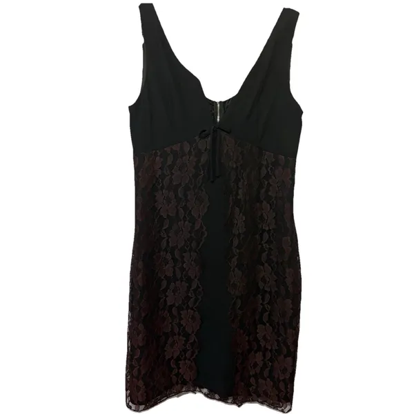 Vintage 90s Y2K Black Brown Lace Slip Dress Dark Romantic Whimsigoth Goth Sz M - Image 2