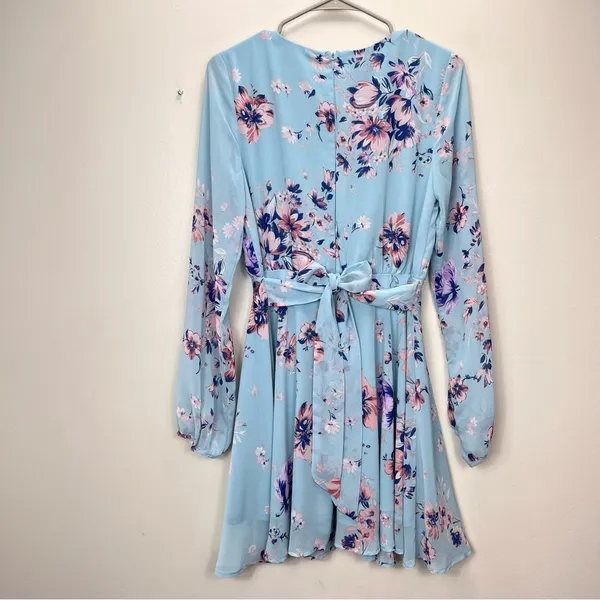 Lulus Always Yours Light Blue Floral Print Long Sleeve‎ Skater Dress SMALL - Image 6