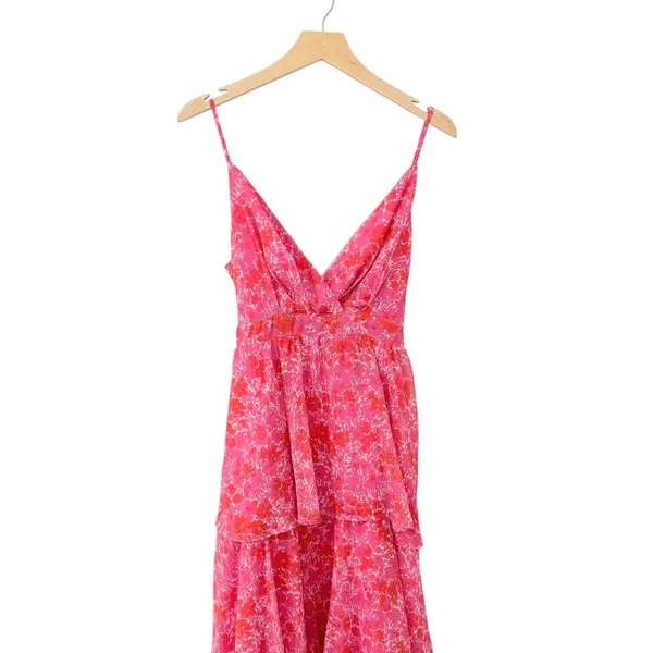 Lulus Adorable Obsession Pink Floral Print Lurex Tiered Midi Dress size L NWT - Image 7