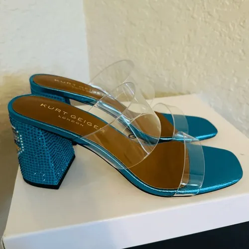 Kurt Geiger Party Clear Block Heel Sandal Glass Slipper Barbie Blue Size 8.5, NW - Image 9