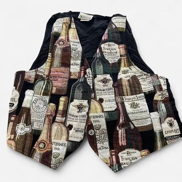 Vintage Wine Bottle Print Vest | USA-Made | Textured Fabric Quirky Button-Up LG - Image 2