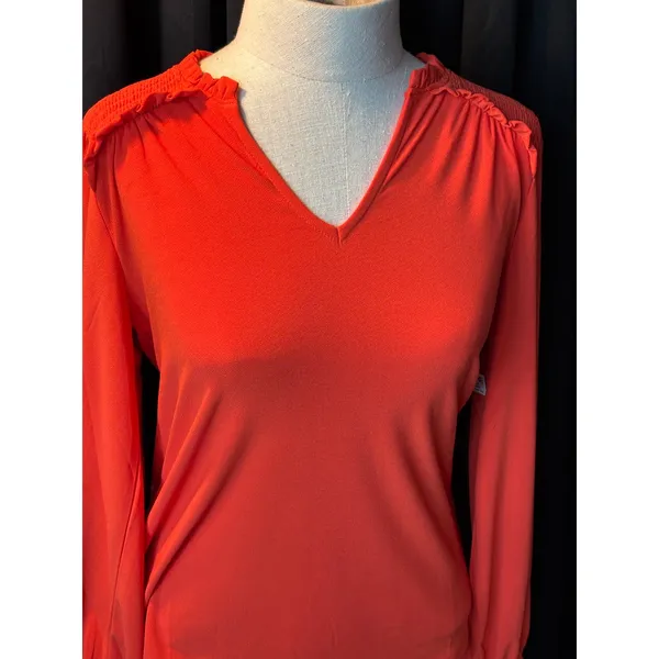 CeCe Florence Rose Ruffle V-Neck Blouse Cherry Pop Red‎ Long Sleeve XS 7063609 - Image 3