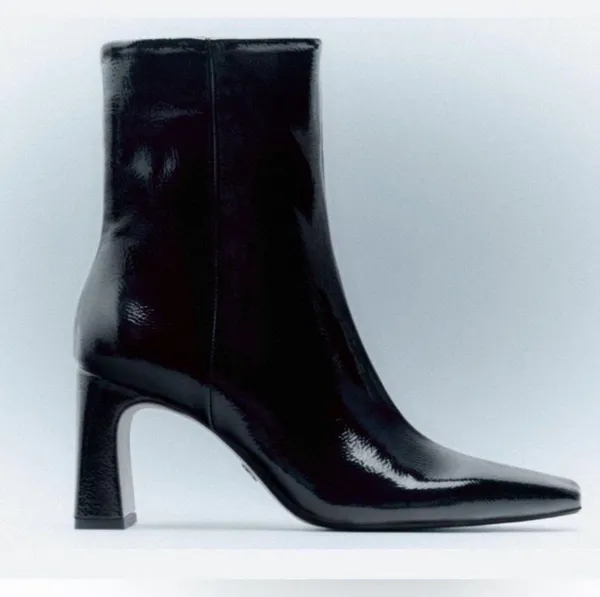 Black Patent Glossy Shine Leather Ankle Boots Block Heel Square Toe - Image 5