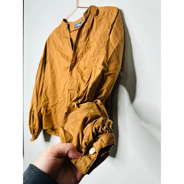 POLO RALPH LAUREN Tan Brown Cropped Blouse Long Sleeve Collared Shirt Size 10 - Image 2