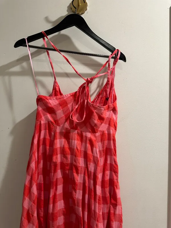 FREE PEOPLE Via Gingham Cotton Seersucker Sundress Red Combo Everly X-Small NWT - Image 9