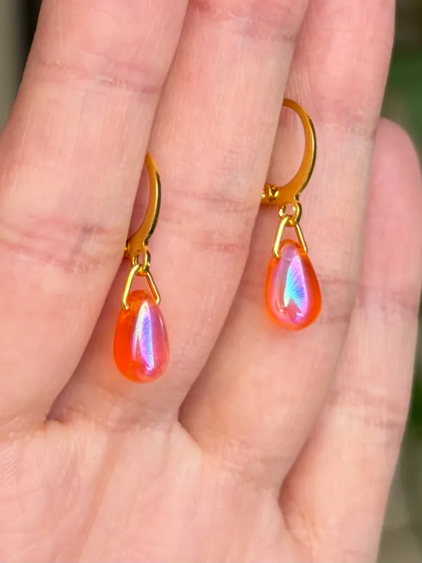 Handmade AB orange mini teardrop Czech glass simple minimalist earrings🧡 - Image 4