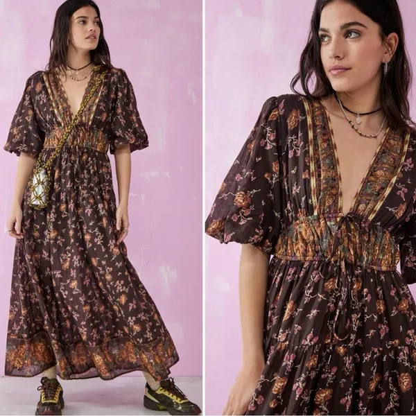 Free People Lysette Maxi Dress Floral Brown Small Bohemian Gypsy Hippie Bells - Image 4